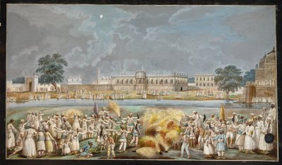 Ilotulitus kirkkaana kuutamoyönä Agna Mahalin ulkopuolella, osa Nawabin palatsia joen rannalla Murshidabadissa, n. 1790-1800 (akvarelli paperille) tekijältä Indian School