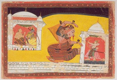 Folio 27 Laksmama leikkaa Surpanakhan nenän Ramayanasta, kaiverrettu kääntöpuolelle Devanagari, Malwa, Rajput School, 1600-luvun lopulla tekijältä Indian School