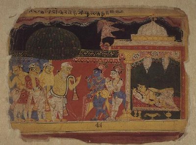 Folio. Nanda jättää jäähyväiset Krishnalle ja Balaramalle "Bhagavita Puranassa", Rajasthanissa tekijältä Indian School