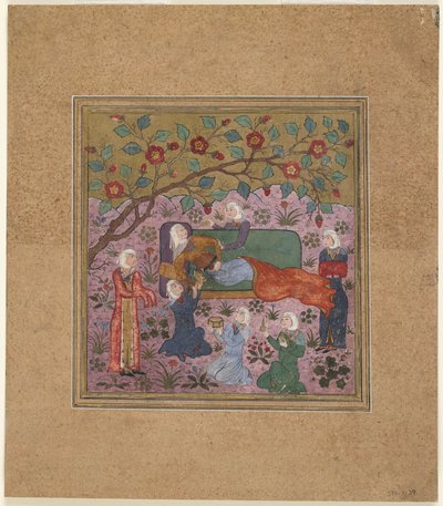 Folio Shahnamasta (Kuninkaiden kirja), kirjoittanut Firdawsi (k. 1020); Makaava nainen avustajien ympäröimänä (läpinäkymätön akvarelli, muste ja kulta paperilla) tekijältä Indian School