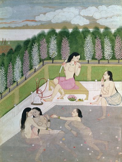 Tyttöjen kylpeminen, Pahari-tyyli, Kangra-koulu, Himachal Pradesh, 1700-luku tekijältä Indian School