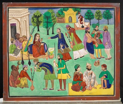 Amritsar-taiteilijan guassi, joka kuvaa Charrasin polttamista, eräänlaista intialaista hamppua, joka tuotiin Pohjois-Intiaan Itä-Turkestanista, n. 1870 (guassi paperilla) tekijältä Indian School