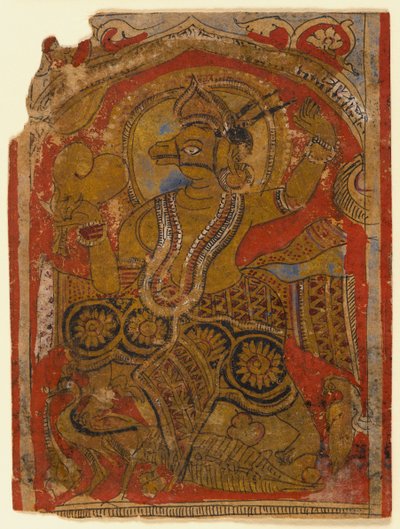 Alkiota kantava harinegameshin, lehden fragmentti hajallaan olevasta Kalpasutrasta (wc & kultaa paperilla) tekijältä Indian School