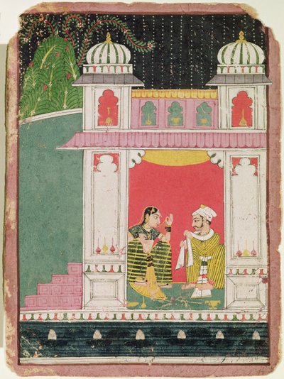 Sankaritar ja hänen rakastajansa paviljongissa, n. 1640-1650 (muste ja wc paperilla) tekijältä Indian School