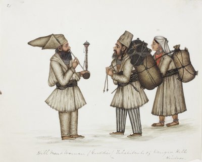 Hill Men and Woman (Guddies) Kangra Hills Hindoosin asukkaat, n. 1840 (läpinäkymätön wc paperilla) tekijältä Indian School
