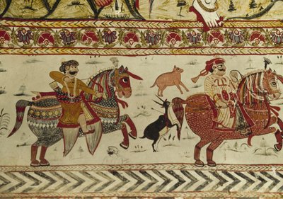 Metsästyspaikka, Laxminarayan-temppeli, Orchha, Madhya Pradesh, Intia (fresko) tekijältä Indian School