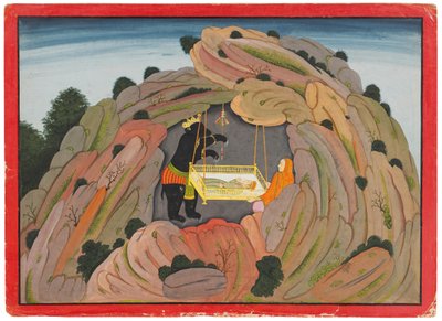 Kuvitus Bhagavata Puranalle: Jambavan antaa Symantaka-jalokivin tyttärelleen leikkimään, n. 1760-65 tekijältä Indian School