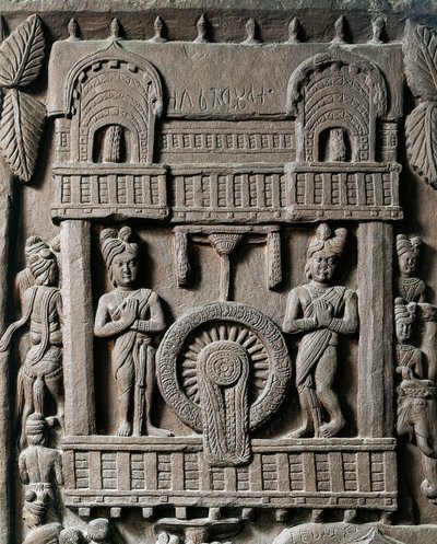 Intialainen taide, hindulaisuus: matala reliefi, joka edustaa kuningas Prasenjit II:n viimeistä vierailua Gautama Buddhan (Buddha) luona. 2. vuosisadalla eaa. Kolkata, Intian museo tekijältä Indian School