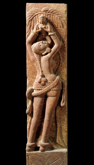 Intialainen taide: helpotussukat, jotka edustavat äitiä ja hänen lastaan. Kausi Kouchane (Kouchan tai Kushan) 1. vuosisata - New Delhi, kansallismuseo tekijältä Indian School