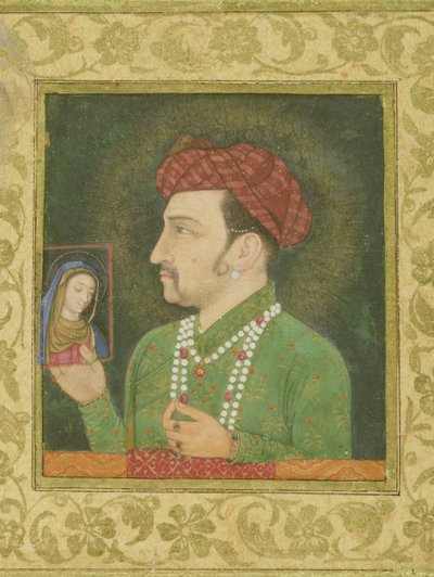 Jahangir pitelee Madonnan kuvaa, jossa on persiankielinen kaiverrus: Janhangir Shah, moguli tekijältä Indian School