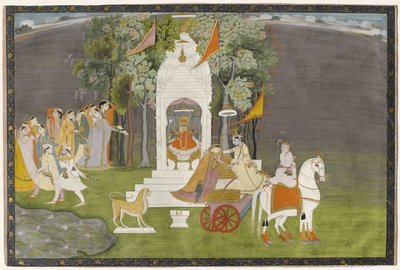 Krishna sieppaa Rukmanin temppelistä, n. 1810 (guassi ja kultaa paperilla) tekijältä Indian School