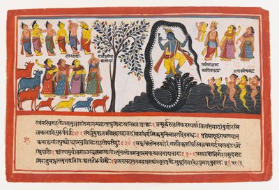 Krishna Conquers the Serpent Kaliya, sivu hajallaan olevasta Bhagavata Purana -sarjasta, n. 1775 (läpinäkymätön wc ja kultaa paperilla) tekijältä Indian School