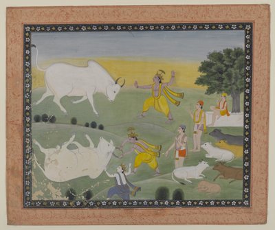 Krishna voittaa härkädemonin (akvarelli paperille) tekijältä Indian School