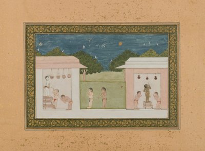 Krishna Stealing Curds, n. 1775 (läpinäkymätön wc ja kultaa paperilla) tekijältä Indian School