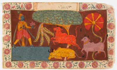 Krishna ja lehmät lammen rannalla, Bhagavata Puranalta (läpinäkymätön wc paperilla) tekijältä Indian School
