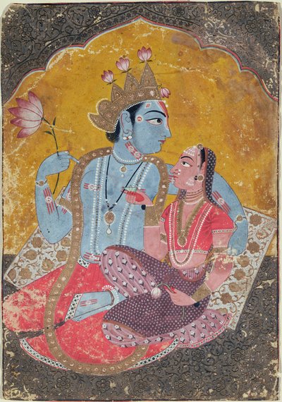 Krishna ja Radha, n. 1690-1700 (läpinäkymätön wc, jossa kohokuvioitu kulta paperille) tekijältä Indian School