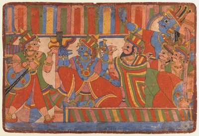 Krishna neuvoo Pandavan johtajia, n. 1830-50 (läpinäkymätön wc paperilla) tekijältä Indian School