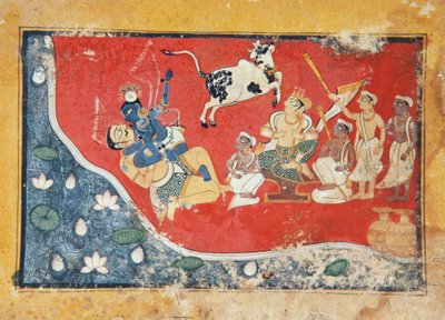 Krishna voittaa demonin joen rannalla, n. 1560 (läpinäkymätön wc paperilla) tekijältä Indian School