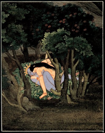 Krishna enlace par Radha (Krishna syleilee Radha) - Intialainen taide, guassi paperille, noin 1775 tekijältä Indian School