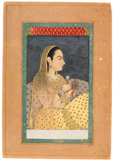 Lady pitelee kuppia ja kukkaa, 1700-luvun alku (wc kultaa ja hopeaa paperilla) tekijältä Indian School
