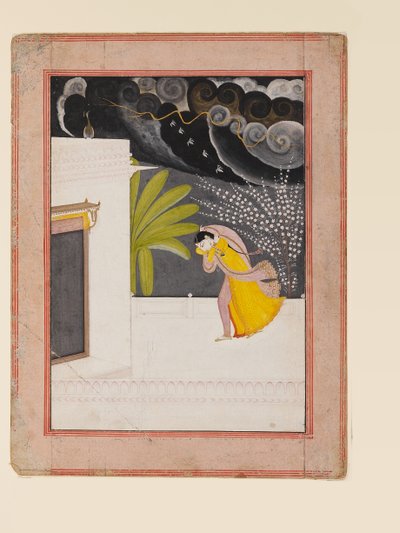 Nainen terassilla etsimässä suojaa sateelta, 1800-luvun alku (guassi kullalla paperilla) tekijältä Indian School