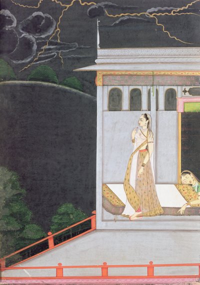 Nainen odottaa rakastajaansa, "Vasakasayya Nayika", yksi hindujen retoriikan sankaritarista, Punjab Hills, n. 1760 tekijältä Indian School