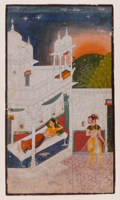 Lalita Ragini, Sivu hajallaan olevasta Ragamala-sarjasta, n. 1640 (läpinäkymätön wc paperilla) tekijältä Indian School