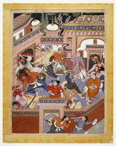 Songhur Balkhin ja Lulu vakooja johtivat ayyarit katkaisivat vankilan vartijoiden ja Free Said Farrukh-Nizhadin kurkut, 1557 - 1572 (läpinäkymätön akvarelli ja kulta puuvillakankaalla) tekijältä Indian School