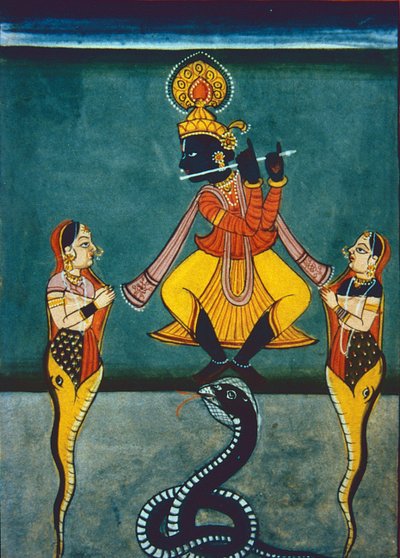 Lordi Krishna (guassi ja akvarelli paperille) tekijältä Indian School
