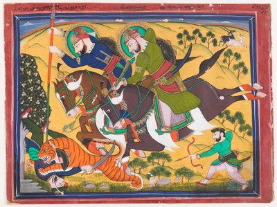 Maharaja Ram Singh metsästää tiikeria, 1800-luvun toinen neljännes (akvarelli paperille) tekijältä Indian School