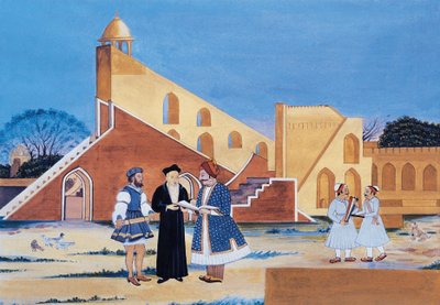 Maharaja Sawai Jai Singh II:n maalaus, Jantar Mantar, Jaipur, Rajasthan, Intia (akvarelli paperille) (vesiväri paperille) tekijältä Indian School