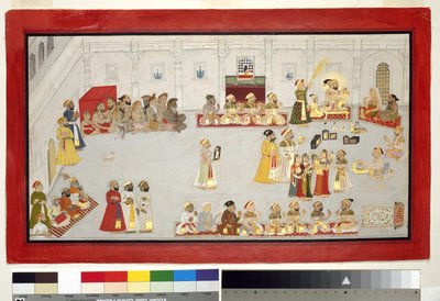 Maharana Sangram Singh lastensa ja hovimiesten kanssa, n. 1715 (läpinäkymätön wc ja kultaa paperilla, kiinnitetty albumin sivulle) tekijältä Indian School