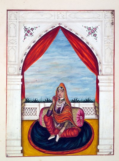 Maharani Chand Kaur, kirjasta The Kingdom of the Punjab, its Rulers and Chiefs, osa I, 27 akvarellitutkimuksen osio tuntemattomalta intialaiselta taiteilijalta, n. 1840 (wc paperilla) tekijältä Indian School