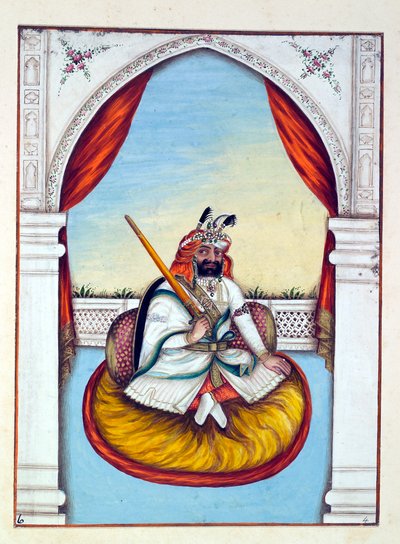 Marharajah Sher Singh, kirjasta The Kingdom of the Punjab, its Rulers and Chiefs, osa I, 27 akvarellitutkimuksen osio tuntemattomalta intialaiselta taiteilijalta, n. 1840 (wc paperilla) tekijältä Indian School