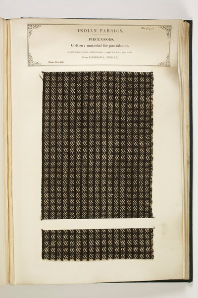 Materiaali Pantaloonsille, Loodianalle, Punjabille, Piece Goods, kokoelmasta The Collection of the Textile Manufacturers of India, John Forbes Watson, julkaistiin vuonna 1866 tekijältä Indian School