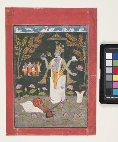 Vishnun Matsya Avatar: Sankh Asuran tappaminen (guassi ja kultalehti paperilla) tekijältä Indian School