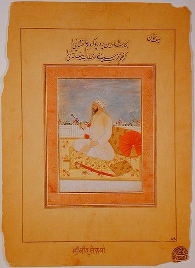 Pienoiskuva Saif Khanista, Agran kuvernööri, Intia, n. 1670-80 (läpinäkymättömät mineraalipigmentit kiillotuspaperilla) tekijältä Indian School