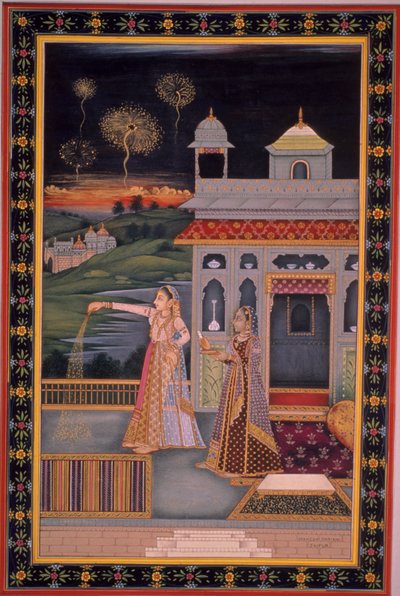 Pienoiskoossa nainen juhlii Diwali-juhlaa, Intia (vesiväri paperille) tekijältä Indian School