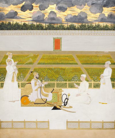 Mir Jaffar, Murshidabadin Nawab, hovimies ja palvelijat, n. 1760 (läpinäkymätön wc ja kultaa paperilla) tekijältä Indian School