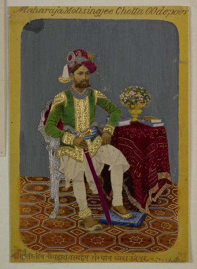 Mss Eur G.38/2 f.90 Moti Singh of Udaipur, n. 1870 (akvarelli ja kulta paperille) tekijältä Indian School
