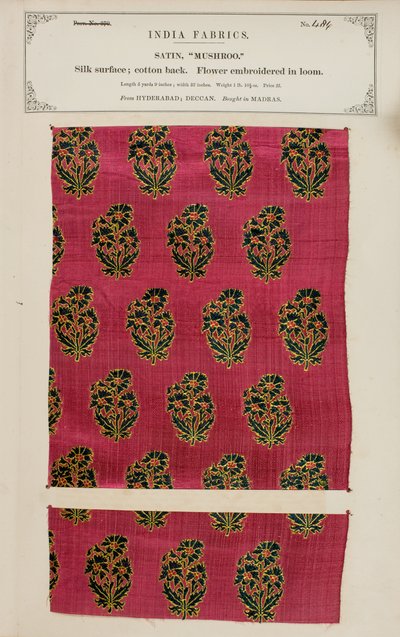 Sienisatiininäyte Hyderabadista Deccanista, kokoelmasta The Collection of the Textile Manufacturers of Indian, kirjoittanut John Forbes Watson, julkaistu vuonna 1866 tekijältä Indian School