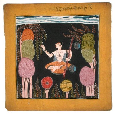 Musiikkitila Goda Raga-Kulu-Pahari, n.1700-10 (guassi paperille) tekijältä Indian School
