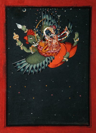 Garudan siivillä: Krishna ja Satyabhama lentävät yötaivaalla, n. 1750 (läpinäkymätön wc ja kulta paperilla) tekijältä Indian School