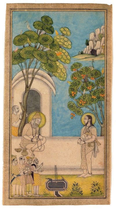 Yksi pyhä mies tulee vierailemaan toisella, 1700-25 (läpinäkymätön wc ja kultaa paperilla) tekijältä Indian School