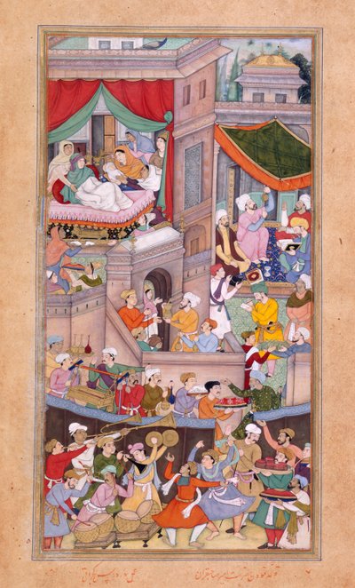 Tai. 12988, f.34v Astrologit heittävät horoskooppeja Surdas Gujaratin Timurin (1336) syntymän juhlien aikana tekijältä Indian School