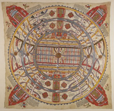 Tai 13937 f.1 Universumin kaavio sanskritin ja gudžaratin tekstillä (akvarelli kankaalla) tekijältä Indian School
