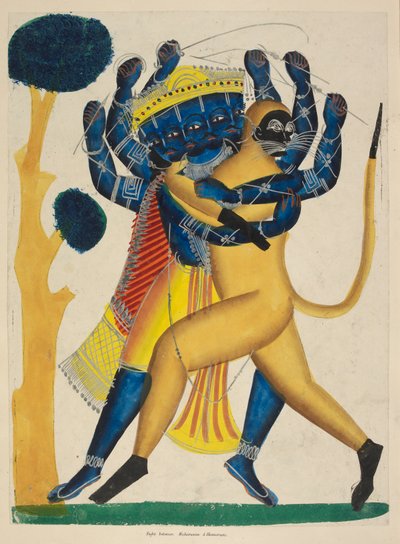 Tai. 891 Hanuman taistelee Ravanaa vastaan, n. 1865 (akvarelli paperille) tekijältä Indian School