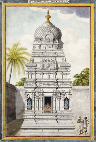 Osa Jambukeshvaran temppeliä, Srirangam, Tamil Nadu, n. 1800 (lyijykynä, kynä, musta muste, w/c asetetulla paperilla) tekijältä Indian School