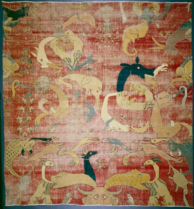 Osa matosta upeilla eläimillä punaisella pohjalla, Mughal, n. 158085 (puuvilla- ja villakasa) tekijältä Indian School