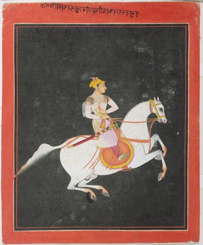 Kunwar Baharat Singhin muotokuva hevosen selässä, Utkalrama, kaiverrettu päälle ja taakse Devanagari, Bundi, Rajasthan, Rajput School tekijältä Indian School